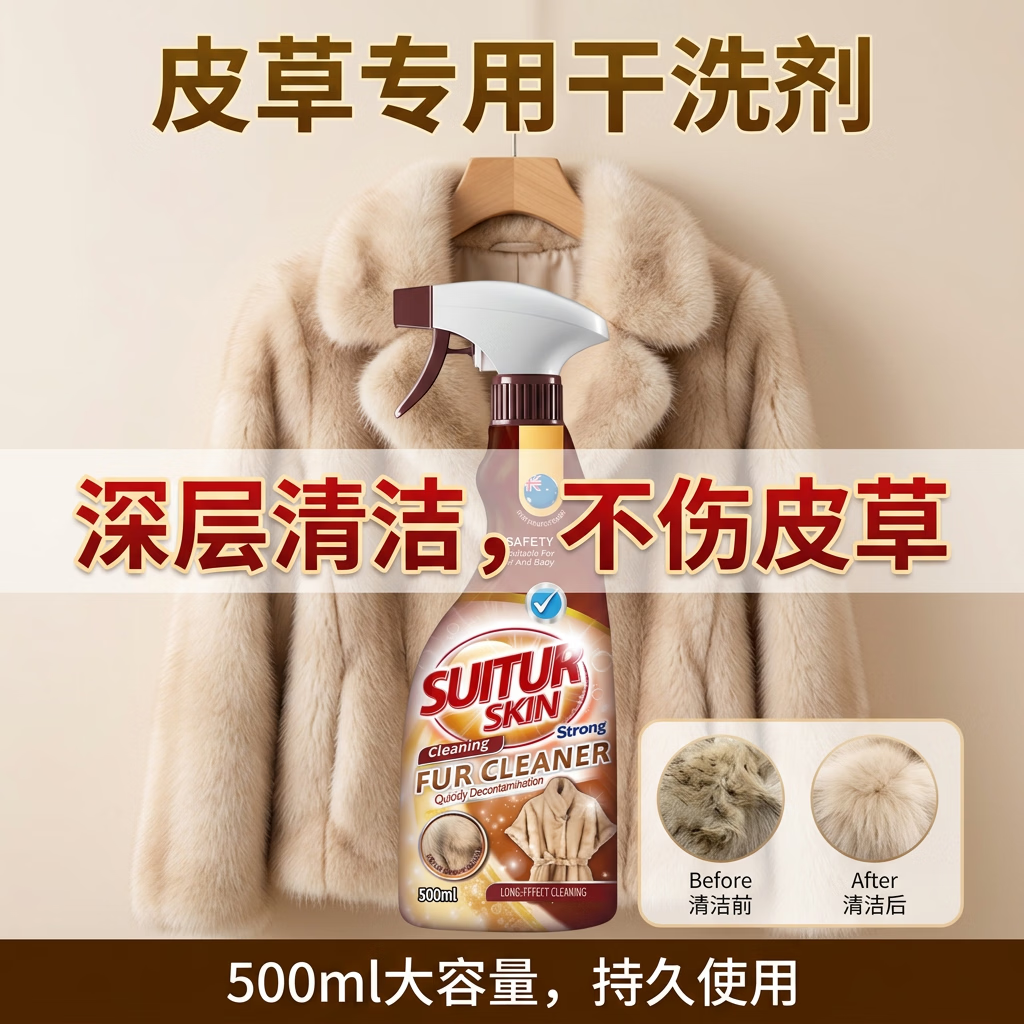 博利婴美国皮草干洗剂500ml 皮毛一体貂免洗羊羔毛剪绒专用清洁清洗去污 皮草清洁剂 1瓶 【貂毛/兔毛/羊毛可用】