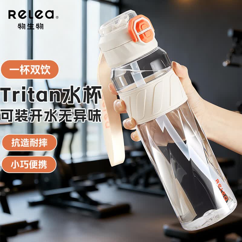 物生物(RELEA)运动水杯男女士耐高温tritan塑料杯子学生夏季便携大容量健身水壶 星轨白1000ml【直饮+吸管】
