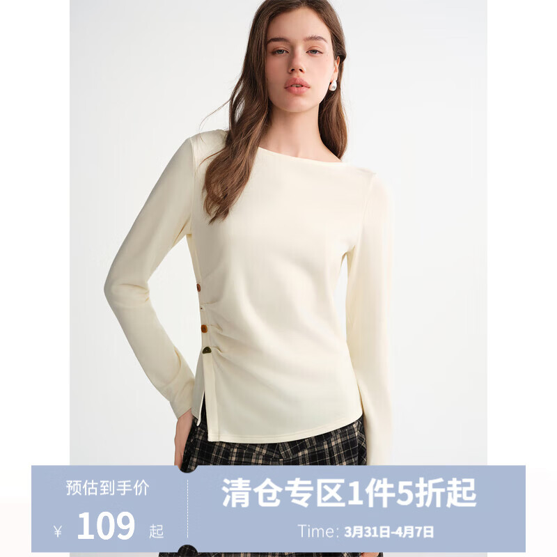 独束大码女装【芝芝奶芙】德绒抓毛不规则侧开叉T恤显瘦修身上衣 泡芙米 XL （尺码：3）