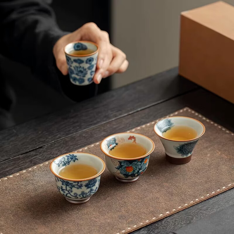 BOSSY新中式汝窑青花珐琅彩茶杯套装礼盒装高档品茗杯单杯生日伴手礼 繁花一壶四杯套装【礼盒装】