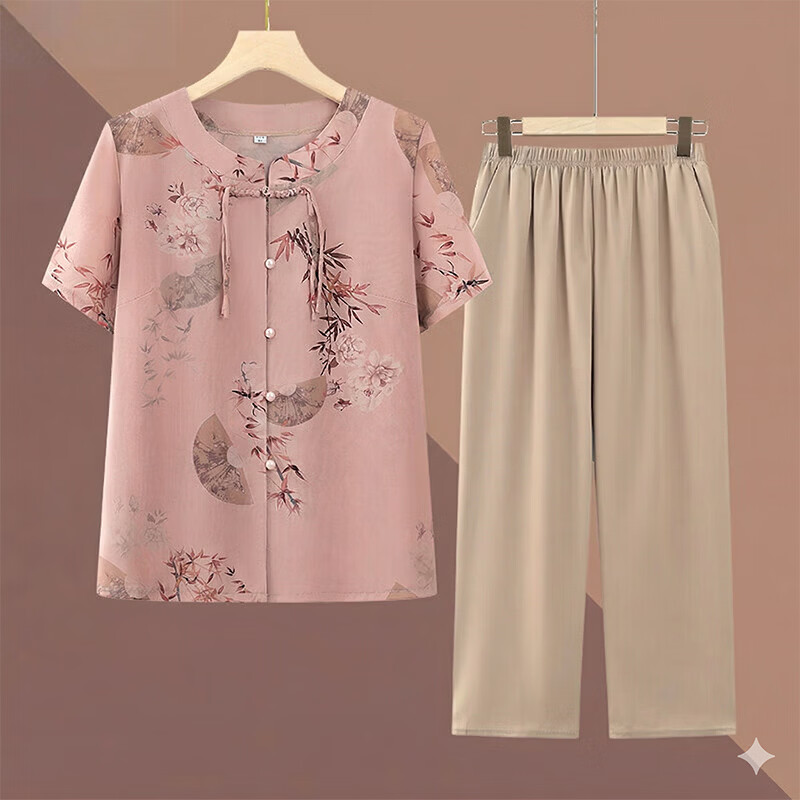 俞兆林(YUZHAOLIN)母亲节衣服奶奶冰丝夏装妈妈6070岁套装中老年人衣服女太太夏季 浅咖色(套装) 2XL 建议(100-115斤)