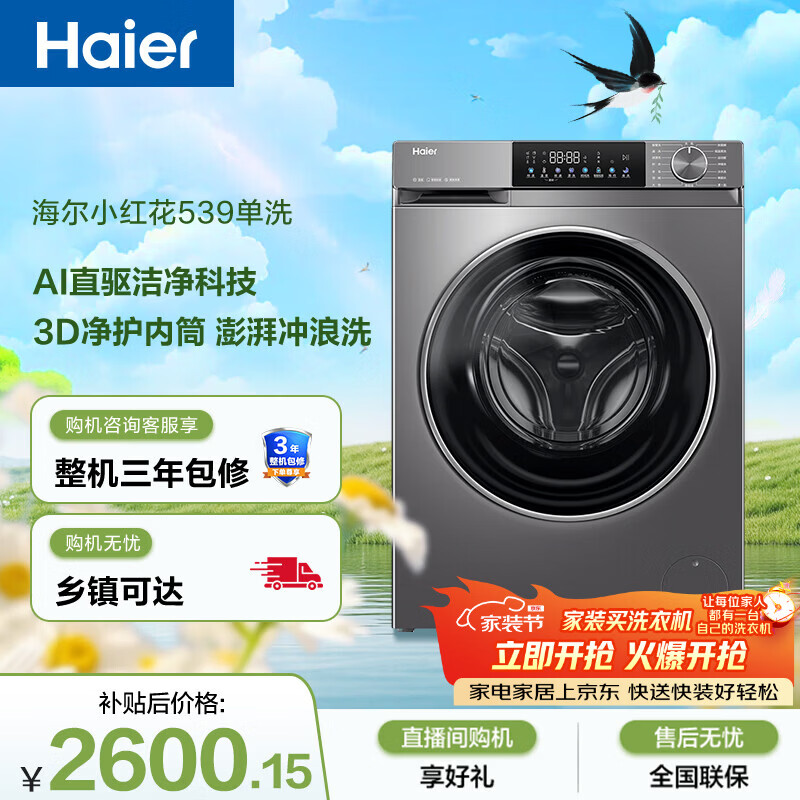 海尔（Haier）小红花 全自动滚筒洗衣机10KG 超薄直驱 冲浪洗 减震降噪 家电京东自营 XQG100-BD539S