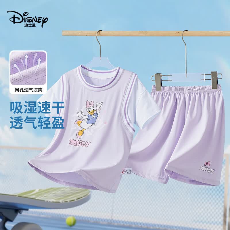 迪士尼（Disney）卡通动漫女童套装休闲风透气2026夏装童装时尚运动T恤短袖上衣潮 紫色 150