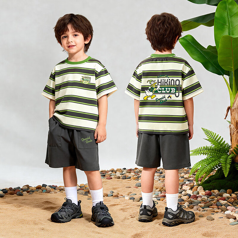 迪士尼男童短袖短裤休闲套装夏季新款舒适凉感透气运动儿童套装两件套 条纹套装 120 （建议4-6岁身高110-120cm)