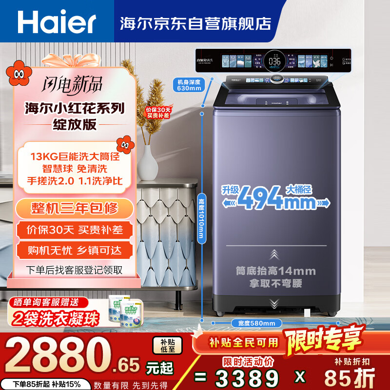 海尔（Haier）手搓洗2.0 全自动波轮洗衣机13KG大容量 除菌螨 家电国家补贴以旧换新京东自营 XQB130-MBSE35D6