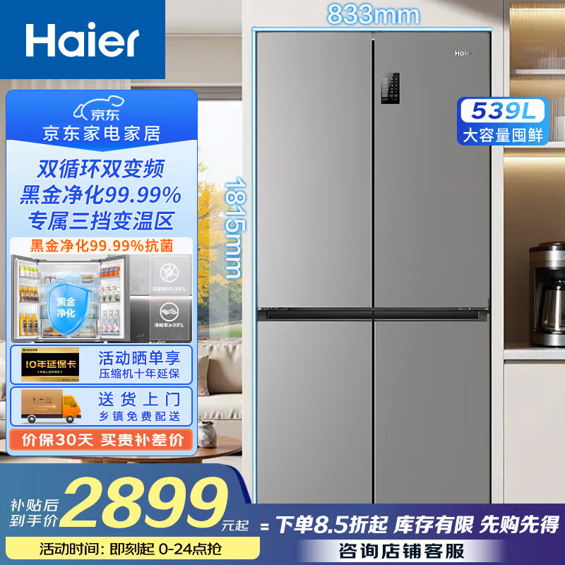 海尔（Haier）【539升双循环双变频】十字四开门双开对开大容量风冷无霜家用电冰箱一级能效保鲜家电国家补贴20% BCD-539WGHTDEDH9U1丨新一级能效