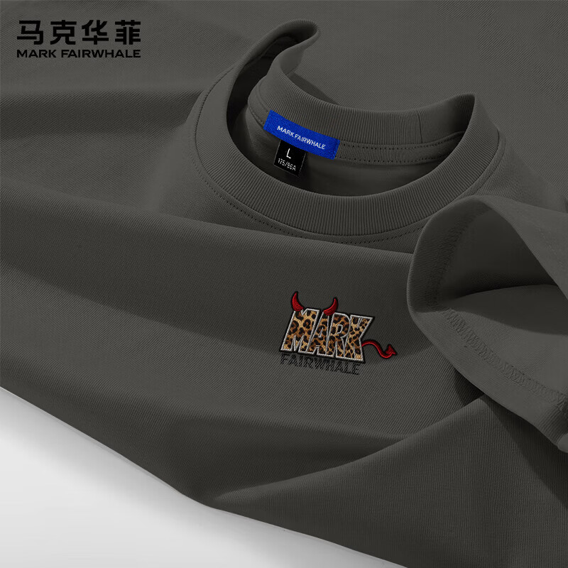 马克华菲（MARK FAIRWHALE）夏季220克休闲t恤男短袖重磅纯棉宽松圆领趣味小恶魔胸标打底衫男 中灰#JMK豹纹小恶魔 XL