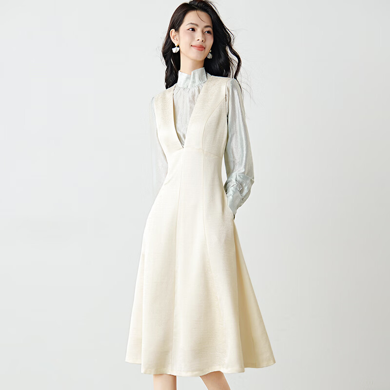 晚白【专享】2026春款优雅V领裙子收腰显瘦时尚百搭无袖连衣裙 杏色 XL
