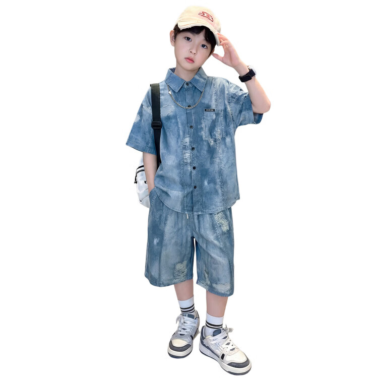 G.duck男童套装夏季2026新款帅气儿童天丝短袖洋气时髦中大童衬衫短裤潮 仿牛仔衬衫套装 130