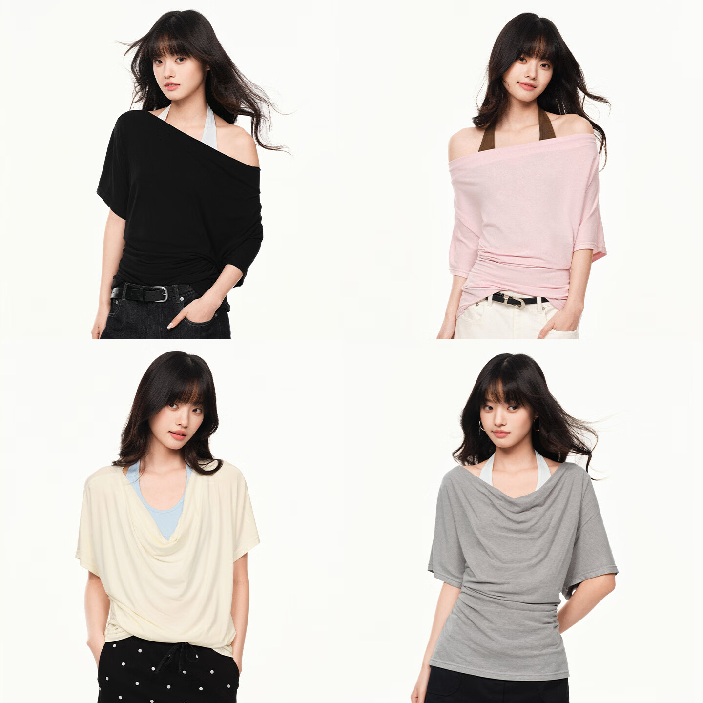 PSO Brand女装两件套挂脖背心一字肩荡领撞色设计感短袖女士T恤夏季 白桃粉 Peach L