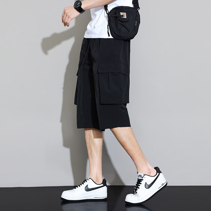 猫人七分裤男款夏季薄款冰丝休闲裤男士宽松运动中裤工装7分裤子 17黑色 长裤 4XL 推荐175-195斤