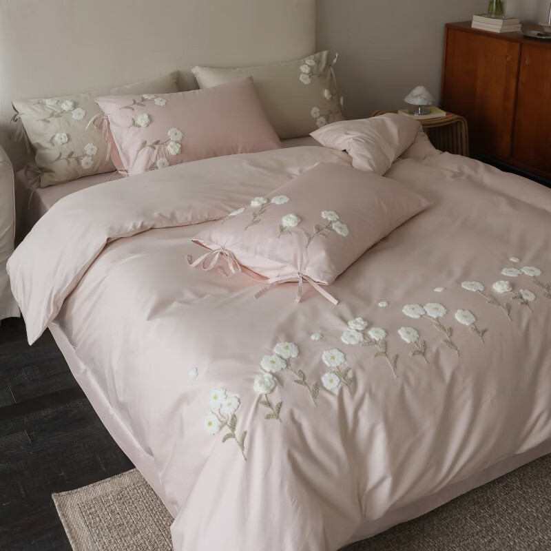 ROLAND LIVE全棉毛巾绣四件套奶油风被套床单纯棉双人床亲肤裸睡床上用品套件 CS 全棉四件套-少女心事浅樱粉 1.5米床 床单款 【被套200*230cm】