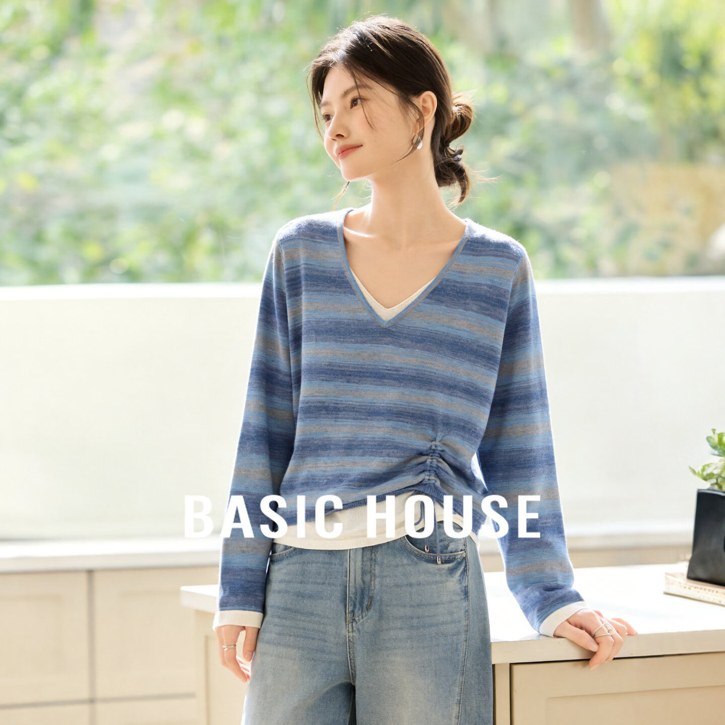 Basic House/百家好条纹假两件针织衫女v领抽绳温柔风长袖上衣春 海洋蓝 L
