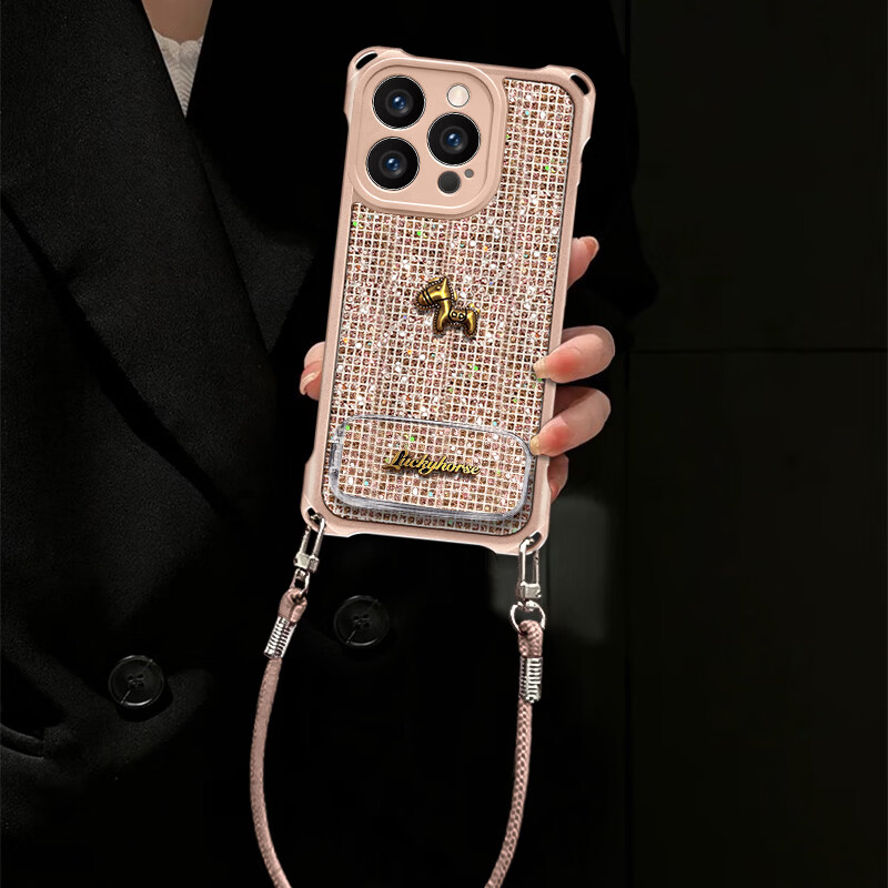 御高适用于【苹果15Promax】2026新款闪钻款金色小马四角挂绳防摔耐磨全包保护套 金色小马-闪钻款-支架-便携手绳 苹果15Promax