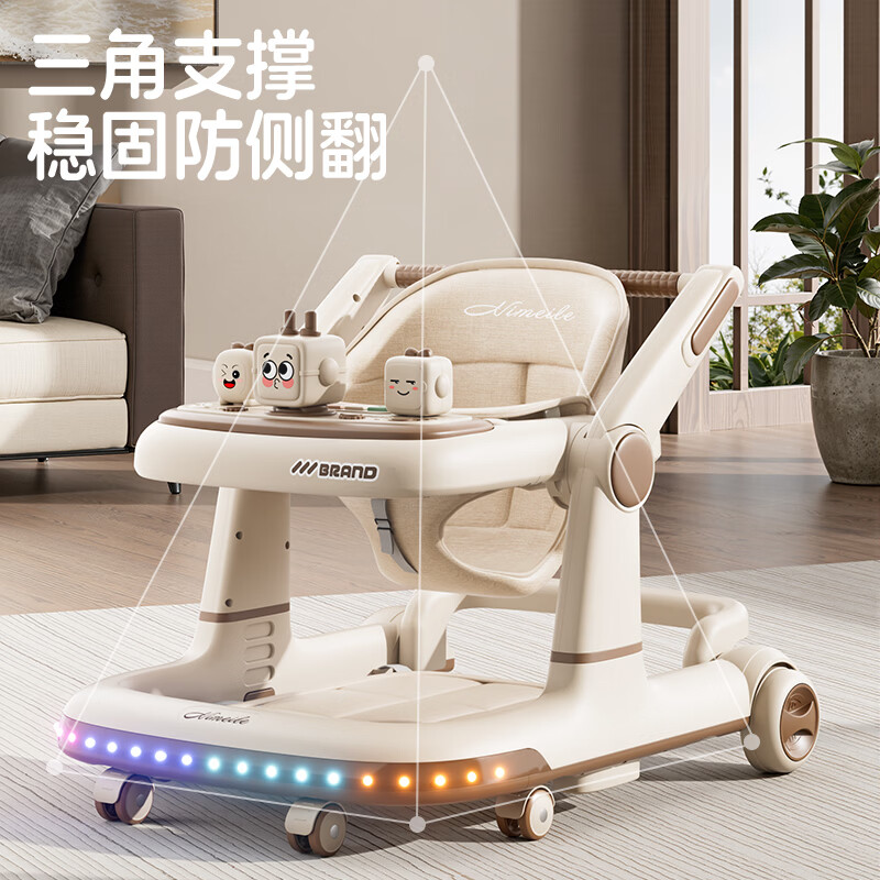 顽皮熊2026新款学步车防O型腿小孩幼儿宝宝多功能儿童可折叠宝宝手推车 968卡其棕顶配款【餐盘+音乐盘+氛围灯光+手推+垫+棚】