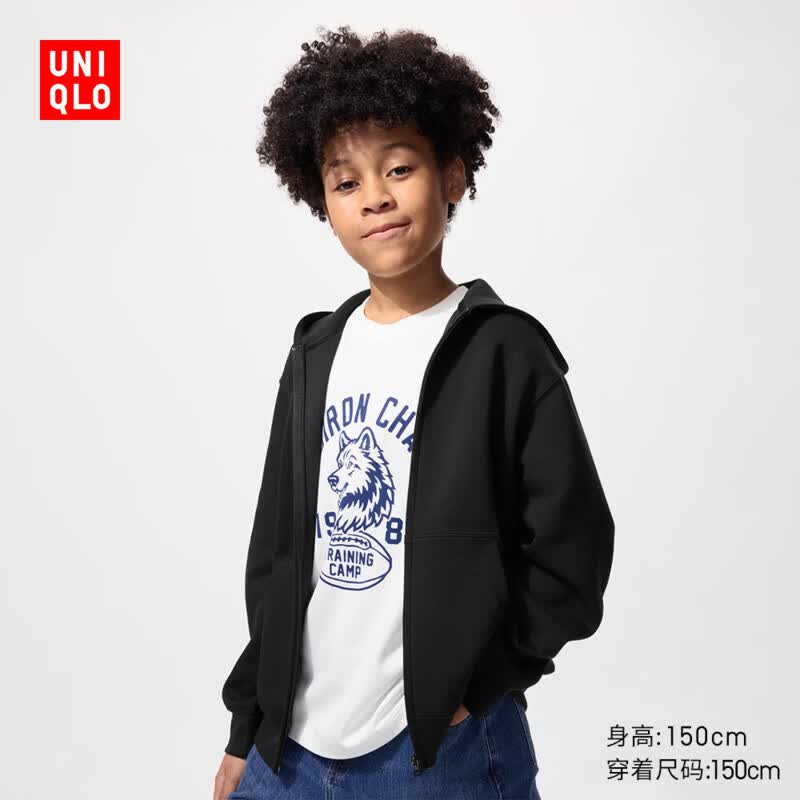 优衣库童装男童女童高弹力快干运动拉链连帽卫衣长袖运动衫483443 09 黑色 160
