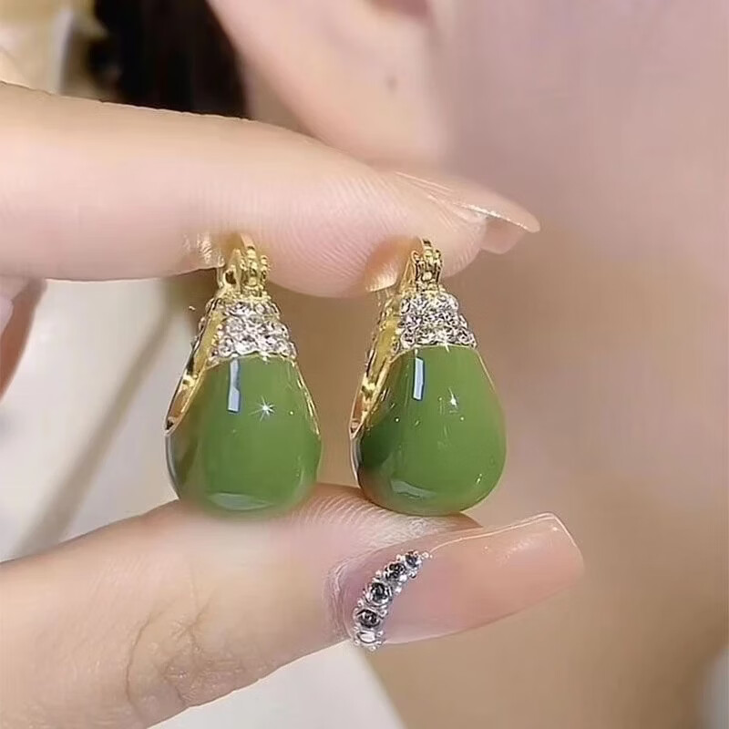 2026新款绿色画油C型镶钻耳扣网红百搭耳饰复古风滴油耳环女 轻奢绿色镶钻耳扣（送礼盒）