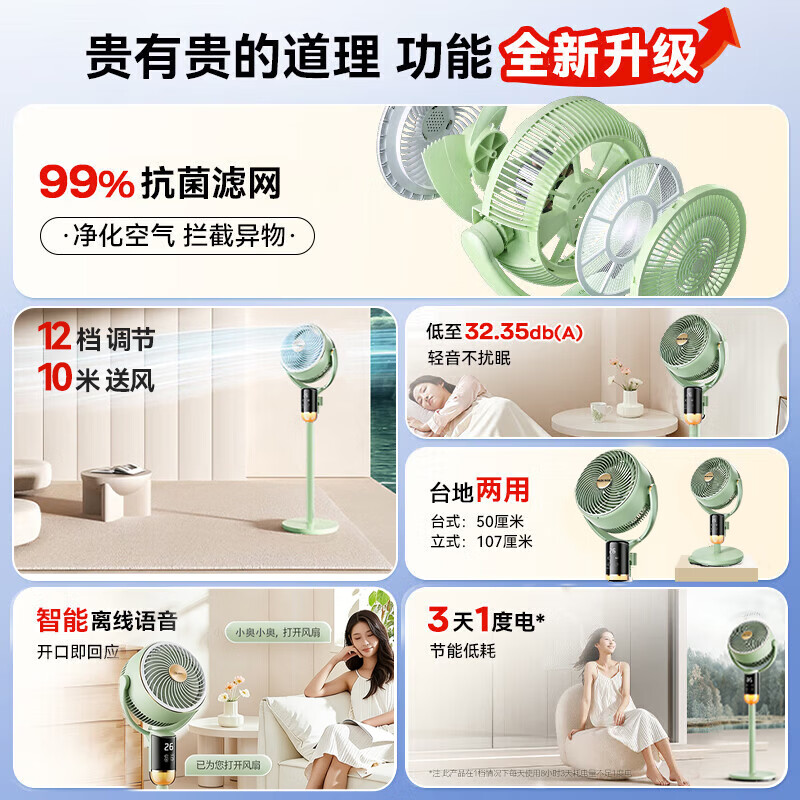 奥克斯【2026品质新款】空气循环扇电风扇静音卧室超静音一级能效家用直流变频空调扇立式落地扇台地两用 AI语音驱蚊丨抗菌扇叶净化丨灯光香薰丨12档调速 品牌新款丨大风力全屋抗菌冷风环绕