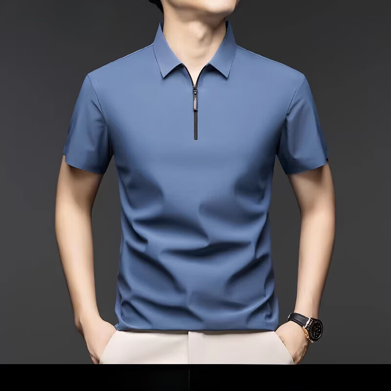 丨利郎丨利郎桑蚕丝短袖t恤男士夏季新款翻领男士休闲纯色高端拉链polo衫 豆绿色 4XL 190【建议180-200斤】