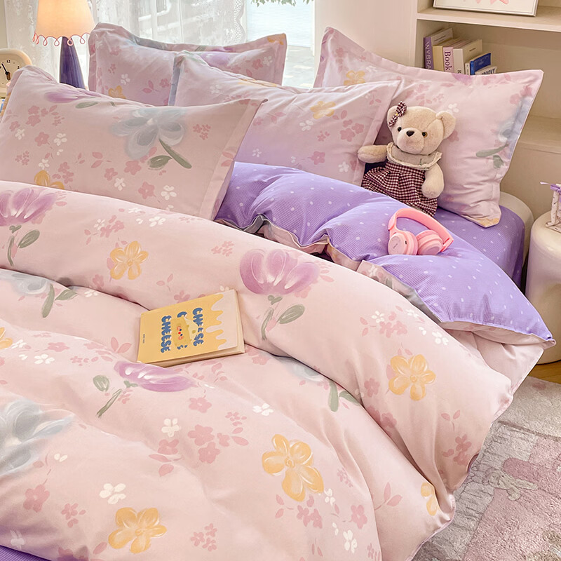 软贝小清新四件套 透气亲肤印花卡通简约田园风被套床单款套件 晴光花叙粉 2.0m 床单款 四件套（被套200*230cm）