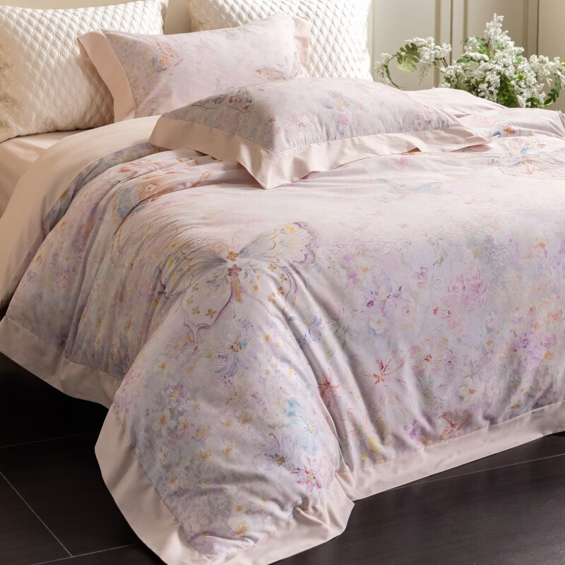 ROLAND LIVE新疆长绒棉印花四件套 ins风纯棉全棉小清新被套床单床上用品 TGH 长绒棉四件套-春日蝶信粉色 1.5米床 床单款 【被套200*230cm】