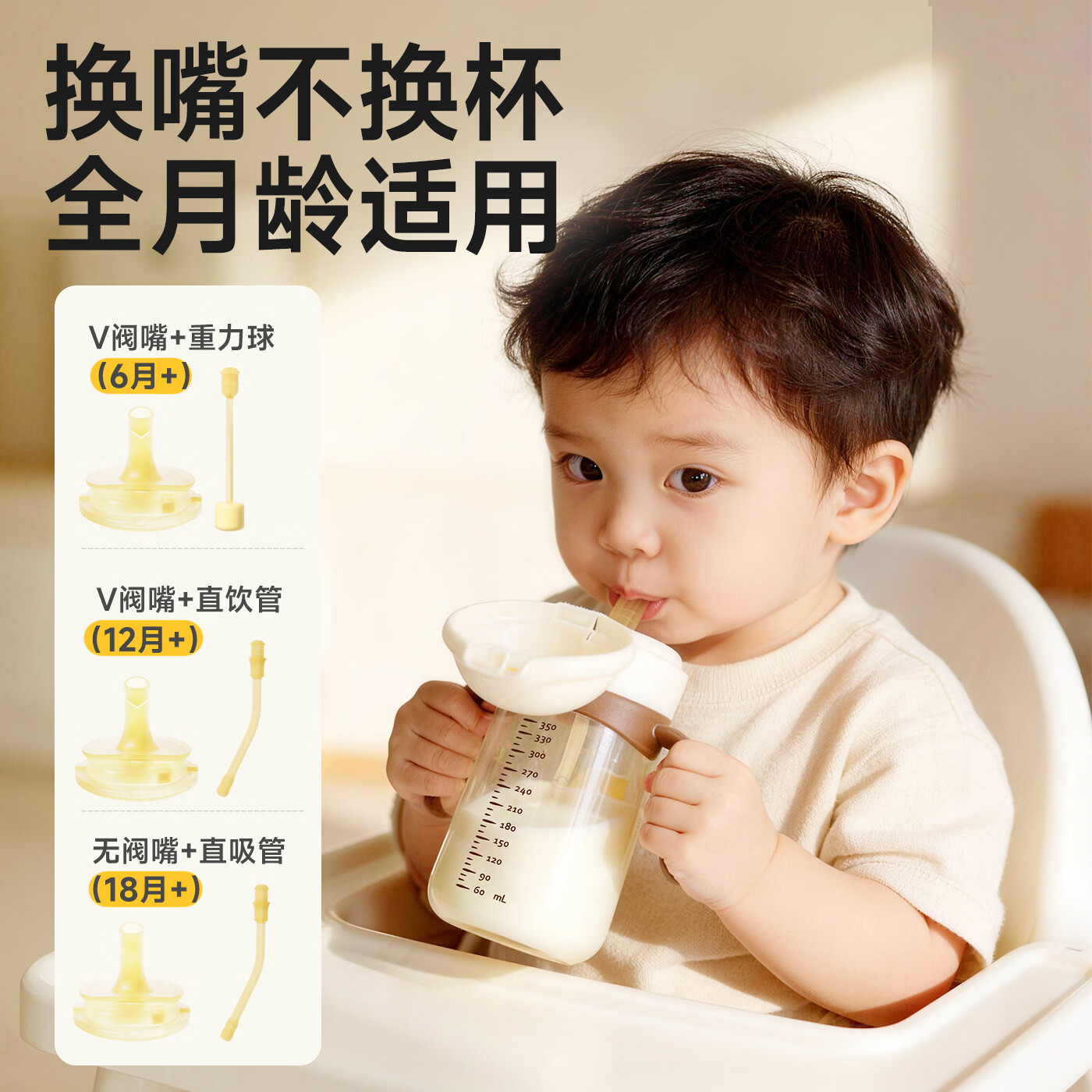 NEVS学饮杯6个月一岁以上鸭嘴杯婴儿吸管杯儿童水杯宝宝喝水喝奶瓶 12月+奶格米 350ml （V阀吸嘴+直饮管）