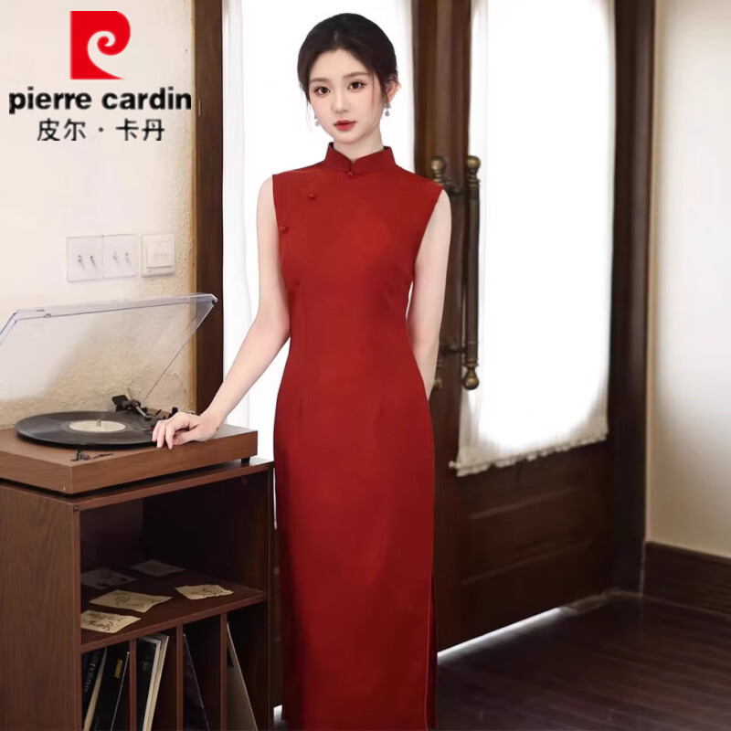 皮尔卡丹(pierre cardin)2026春夏新款旗袍提花无袖长款酒红色敬酒服订婚回门礼服显瘦旗袍 933蓝色 M