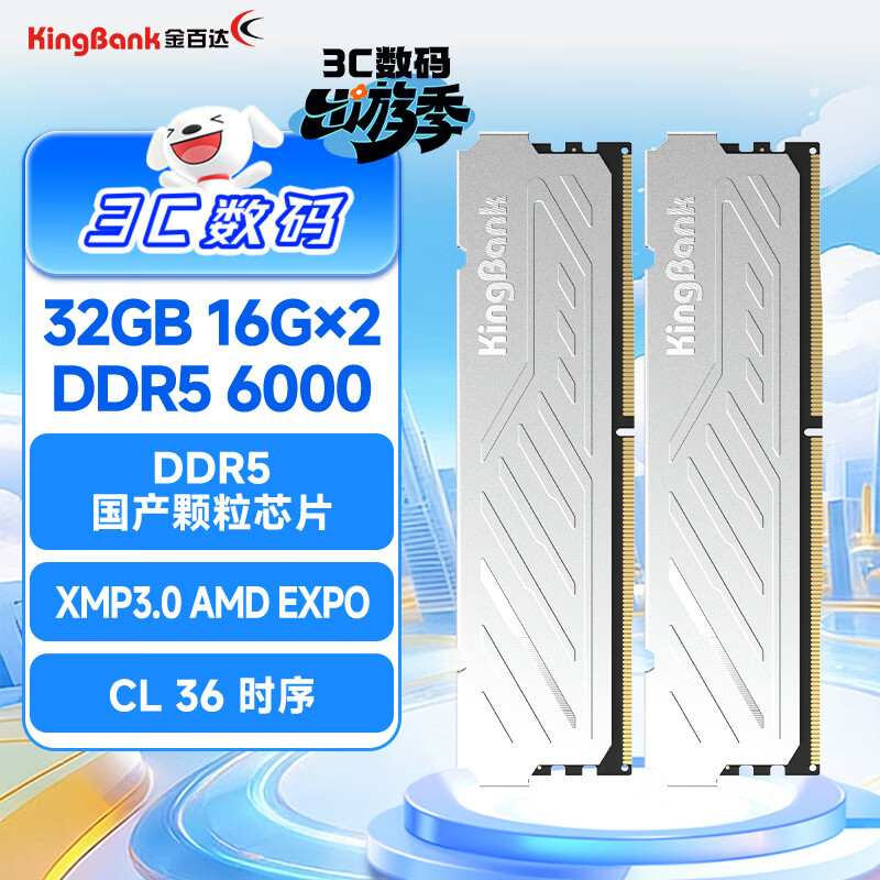 金百达（KINGBANK）32GB(16GBX2)套装 DDR5 6000 台式机内存条 国产颗粒 银爵 C36 Deepseek硬件