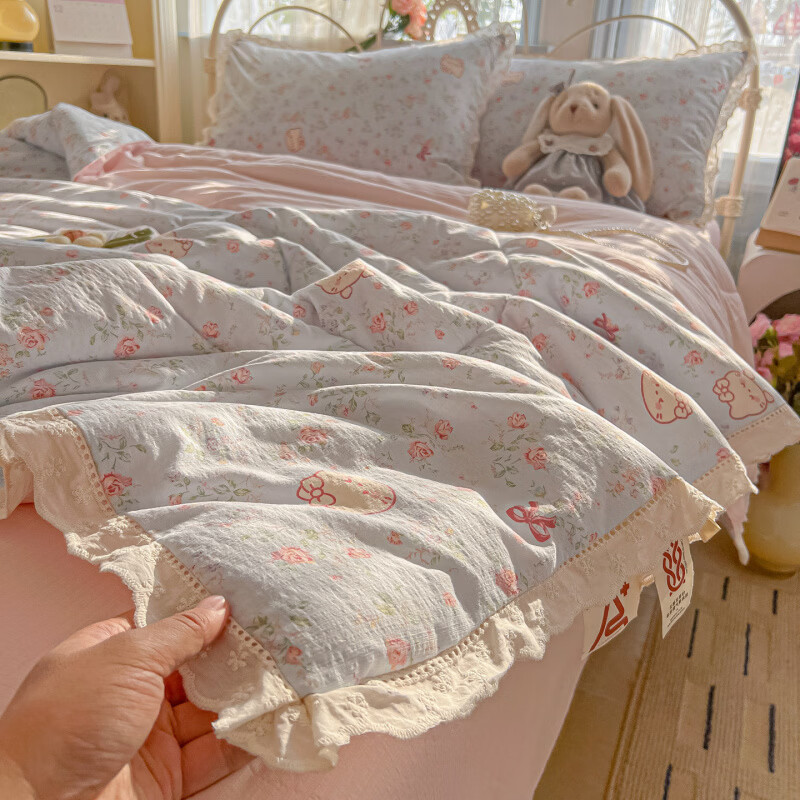 春夏款空调被a类棉花边夏凉全棉可机洗四件套双人春秋单人夏薄子 赫本小姐【棉花边空调被】 夏被四件套【200x230夏被+床单230x230