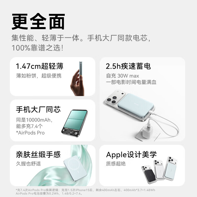 ANKER安克能量卡超薄磁吸充电宝【3C认证可上飞机】小巧便携无线移动电源5000/10000毫安快充苹果新机 极光白【10000毫安-超薄磁吸】冰感低温
