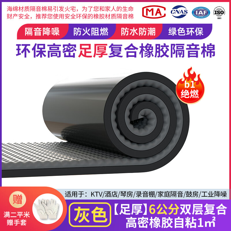 绿蔓（Lm）环保防火隔音棉墙体隔音棉吸音棉消音超强隔音神器隔音板隔音墙贴 灰【足厚高配款】b1级6cm自粘1平