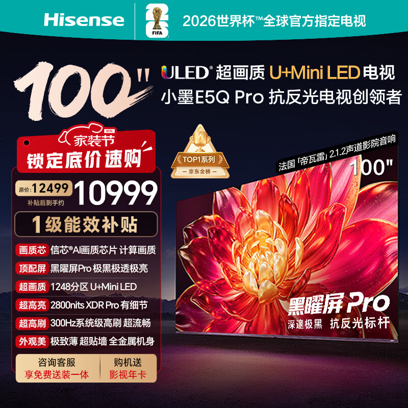 海信电视小墨E5Q Pro 100吋 1248分区U+MiniLED 信芯芯片极黑极透黑曜屏Pro国家补贴世界杯100E5Q-PRO