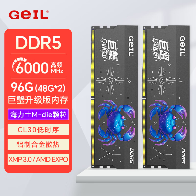 GEIL金邦巨蟹 DDR5内存条 台式机电脑内存条 5代内存条 马甲条 RGB灯条 运行内存条套条 适配9800X3D 海力士Mdie 96G(48GX2)6000灰C30
