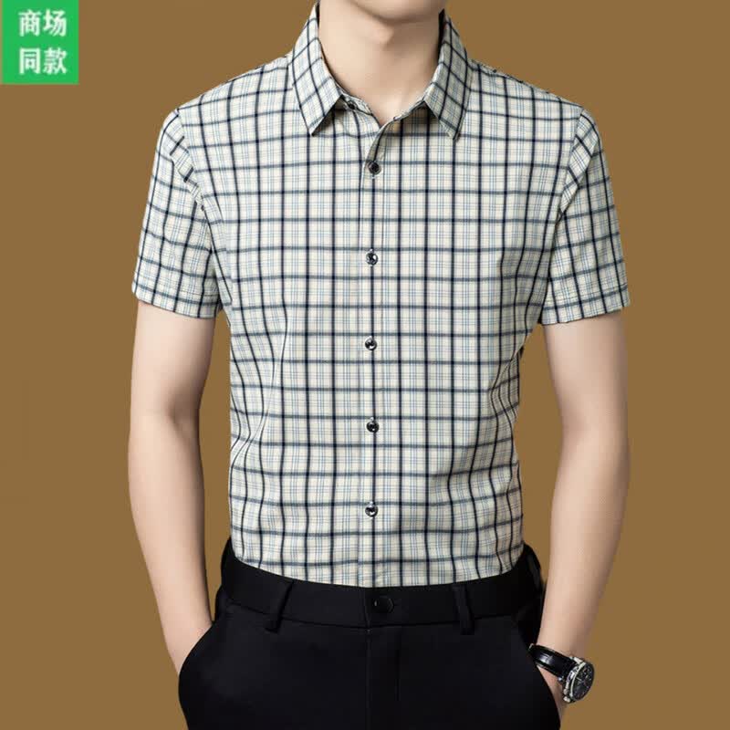 B PRORSUM巴宝莉男士商务休闲短袖格子衬衫翻领透气修身纯棉衬衣夏中青年时 十大奢侈品男装黄色 M 165__建议体重100-120斤