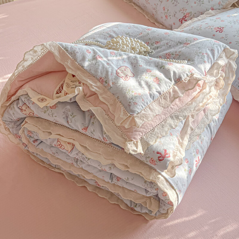 春夏款空调被a类棉花边夏凉全棉可机洗四件套双人春秋单人夏薄子 赫本小姐【棉花边空调被】 夏被四件套【200x230夏被+床单230x230