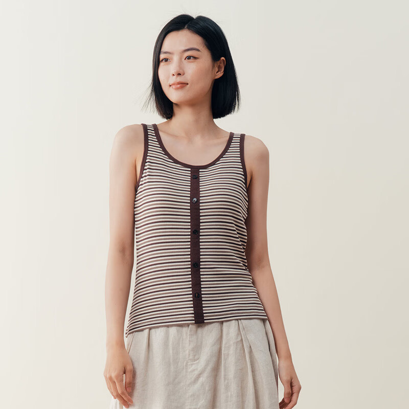 三枪2026年新款夏女带胸垫莱赛尔丝滑弹力薄透气显瘦条纹内搭Bra背心 棕彩条 L