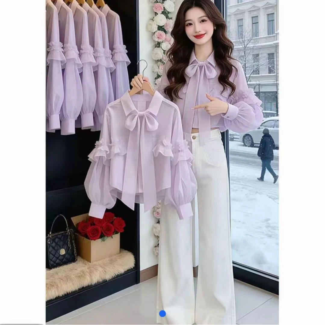 【商场品质】早春新款上衣女古着vintage法式独特蝴蝶结长袖衬衫 浅紫色 M （100-110斤）