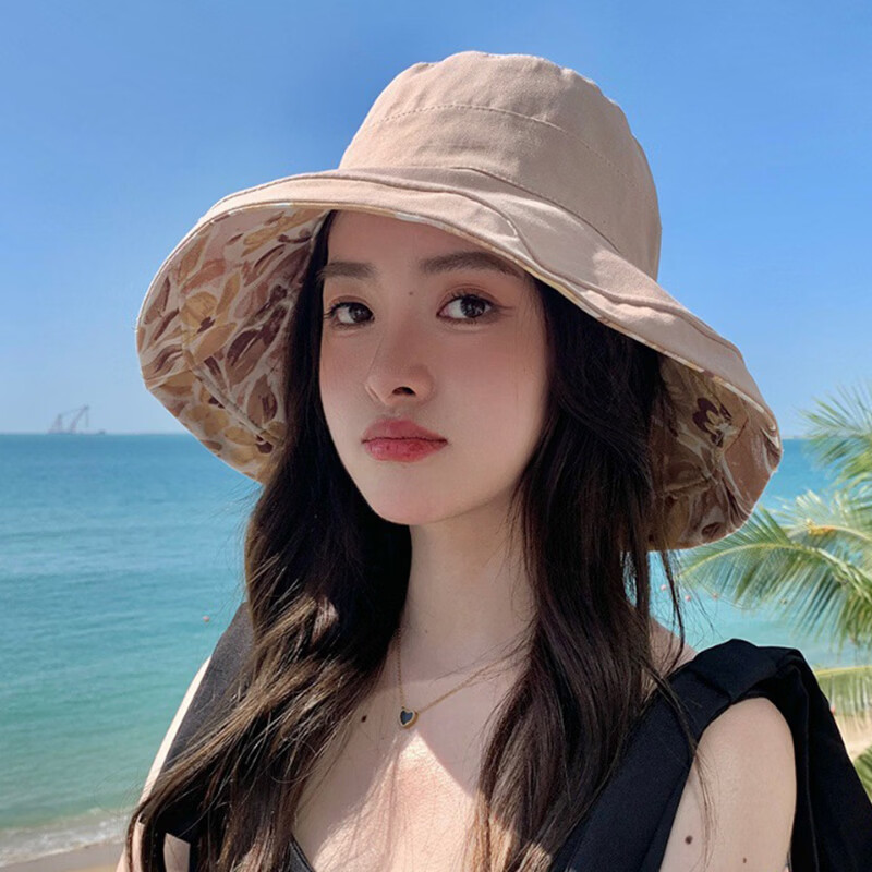 猫人棉双面遮阳渔夫帽女防晒春秋夏季户外出游遮脸大沿太阳帽子可折叠 米色 均码（56-58cm）