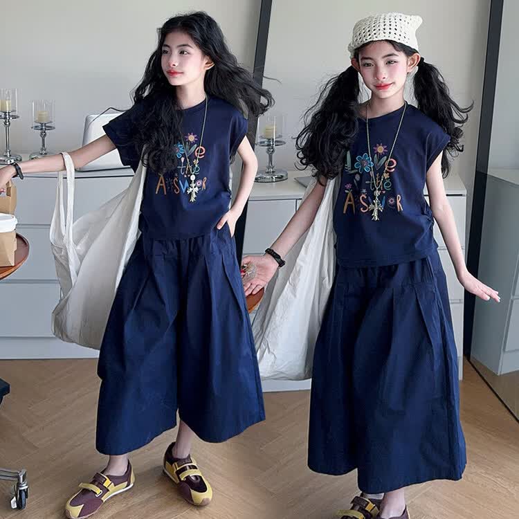 芭帛兔女童夏装套装短袖2025新款中大童洋气儿童女孩夏季阔腿裙裤两件套 藏青色 180 cm