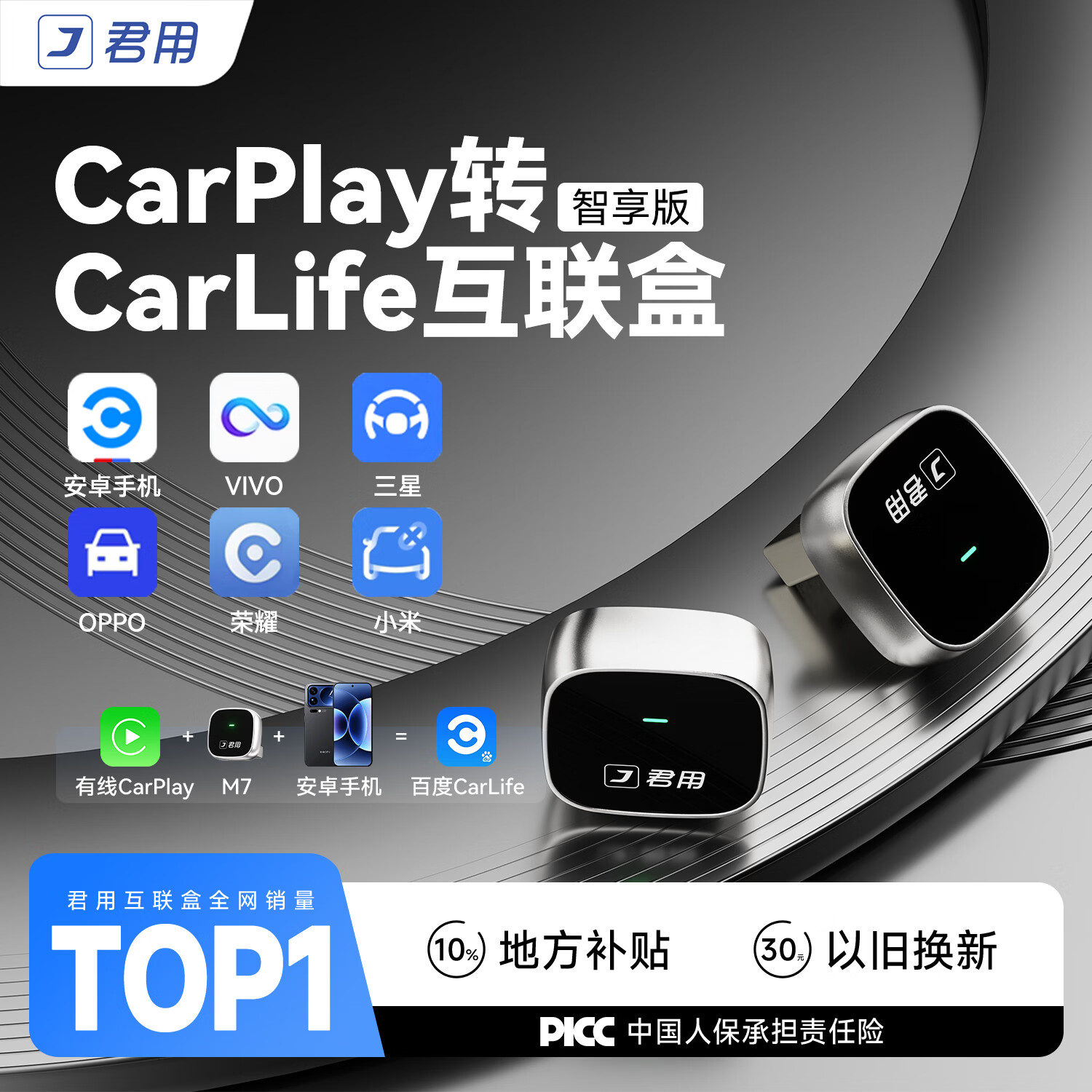 君用CarPlay车机适用小米VIVO荣耀OPPO三星安卓手机盒子 M7【USB款】