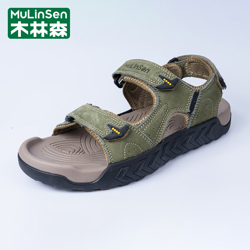木林森(MULINSEN)凉鞋男2026夏季新款牛皮运动凉拖鞋软底休闲沙滩鞋 绿色 42