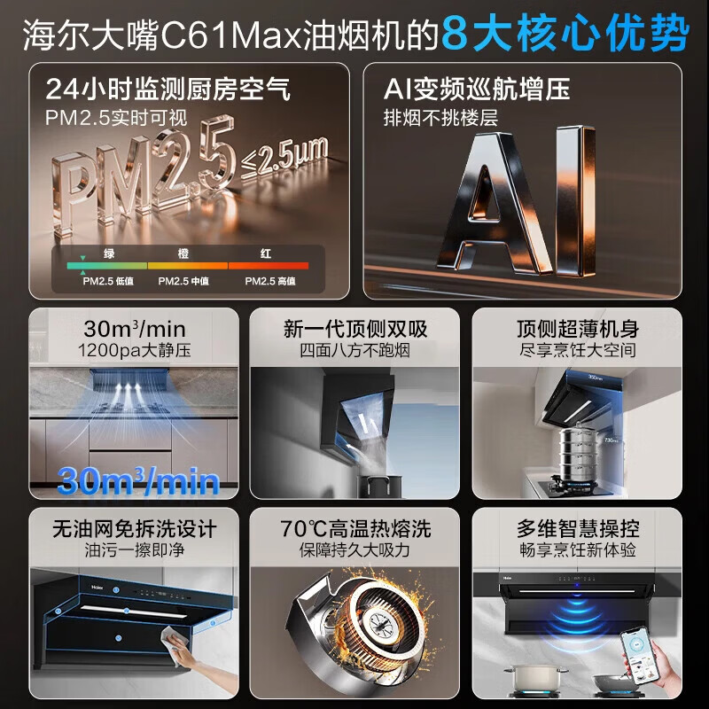 海尔（Haier）抽油烟机家用C61MAX顶侧双吸30风量大吸力 1200pa风压超薄平嵌四口巨吸烟热熔自清洁吸烟机 【C61MAX+Q2BE7】定时5.2kw灶