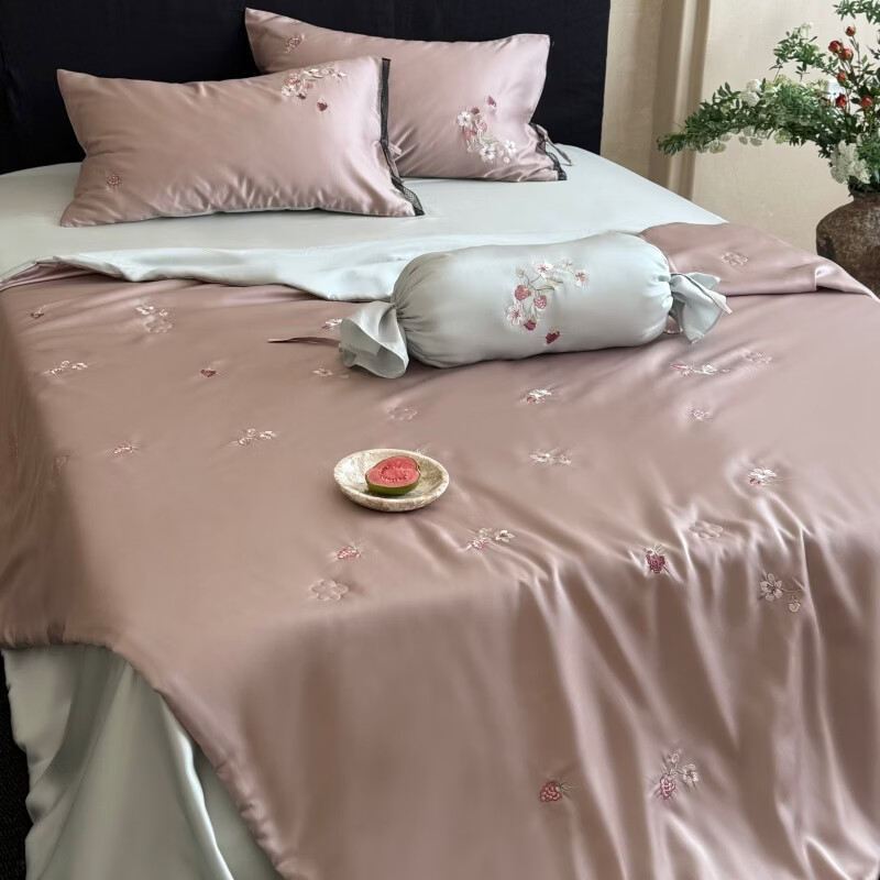 ROLAND LIVE夏季凉感60兰精天丝刺绣夏被卧室空调被可水洗夏凉被双人薄被子 LB 天丝夏被-春日枝藕丝粉 单夏被220cm*240cm