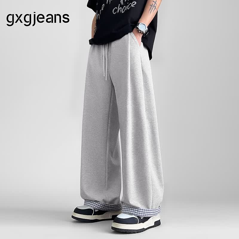 gxgjeans男装格纹拼接潮流宽松休闲长裤卫裤男裤26夏新品 麻灰色 2XL-33码