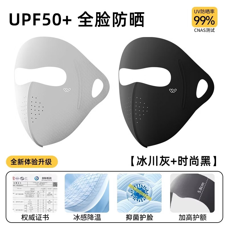 万宝绿防晒面罩女款骑行全脸防紫外线脸罩防护口罩脸基尼男透气遮阳冰丝 【时尚黑+冰川灰】两只装丨升级冰肌防晒