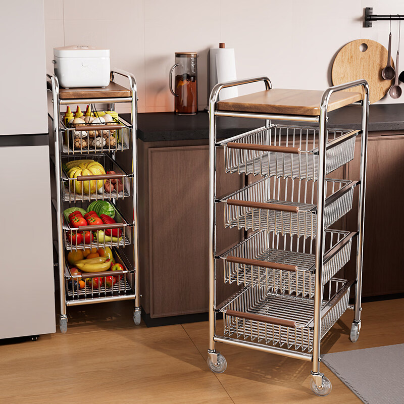 咏幻中古风厨房置物架小推车多功能夹缝多层果蔬菜篮零食可移动收纳架 加宽款 四层黑岩轮