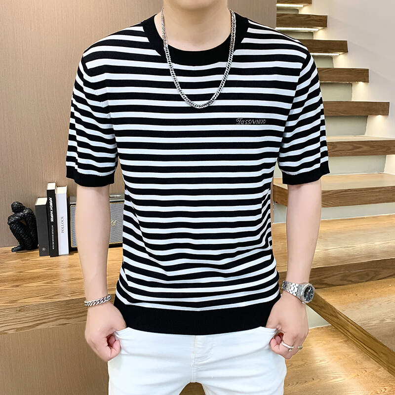 高档欧货短袖t恤男士圆领夏季半袖潮流上衣修身条纹百搭t恤衫CLQ 黑色 2XL (建议135-150斤)