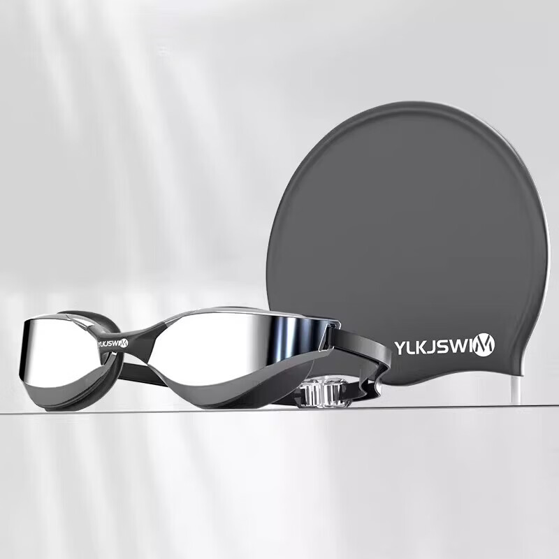 何佳功泳镜高清防雾防水近视带度数男女士游泳眼镜潜水装备泳帽套装 黑色镀银款【送泳帽+送鼻夹耳塞+泳镜盒】 平光