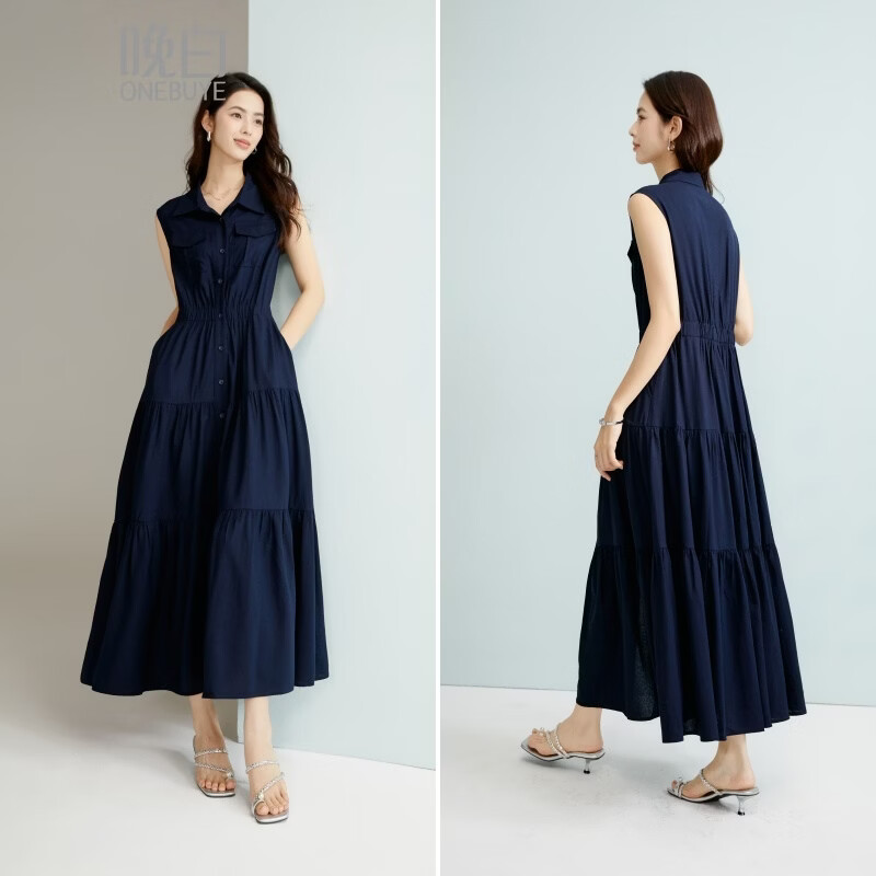 晚白2026年春款法式复古翻领宽松遮肉显瘦衬衫裙亲肤棉麻无袖连衣裙 深蓝色 S