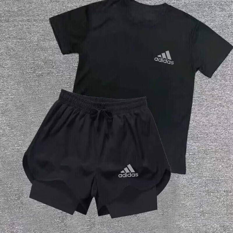 ADIPRENE阿迪达斯夏季速干体育套装田径健身男女运动训练短裤三分跑步马拉 阿迪达斯反光AD【黑色速干短袖+黑色双层短裤】 阿迪达斯2XL码140-160斤